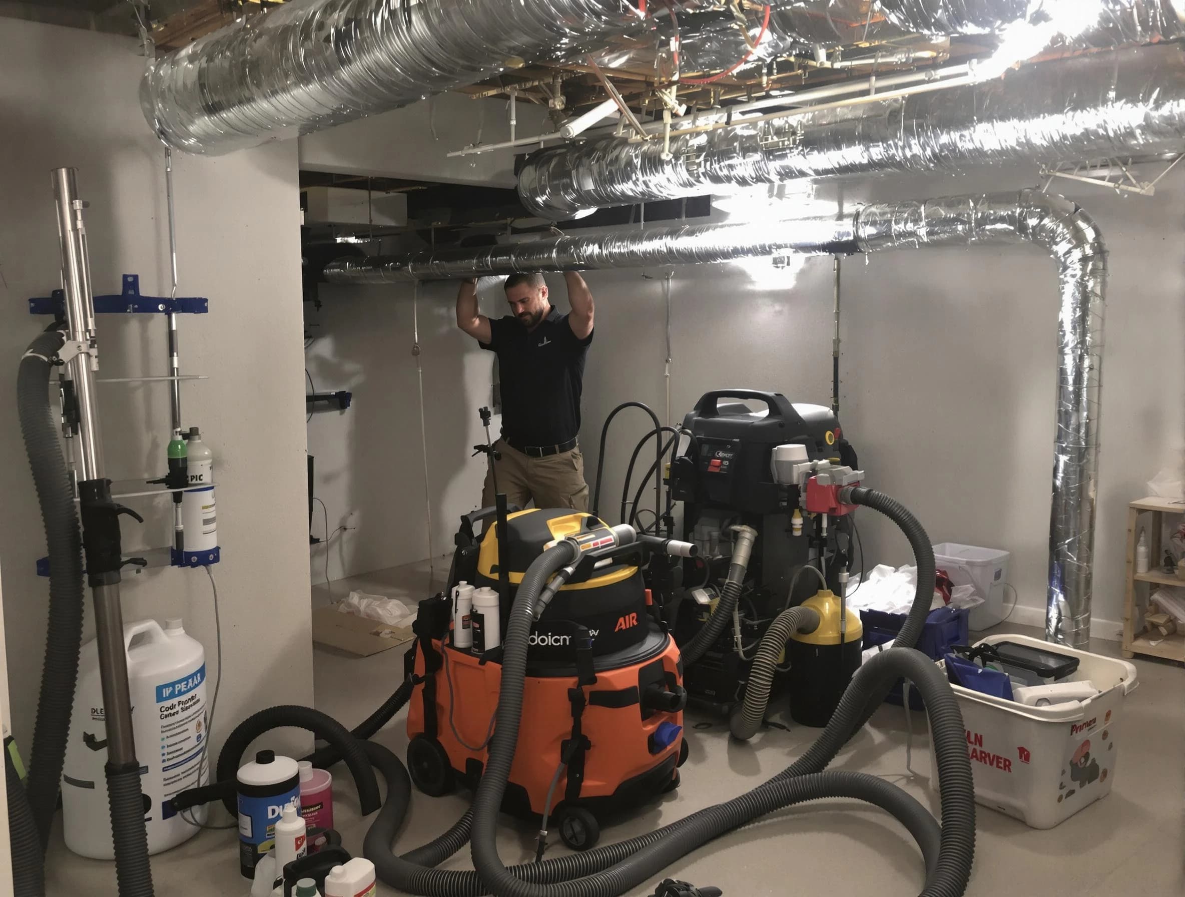 Hendersonville Air Duct Cleaning specialist performing professional mold removal from air ducts using safety equipment in Hendersonville