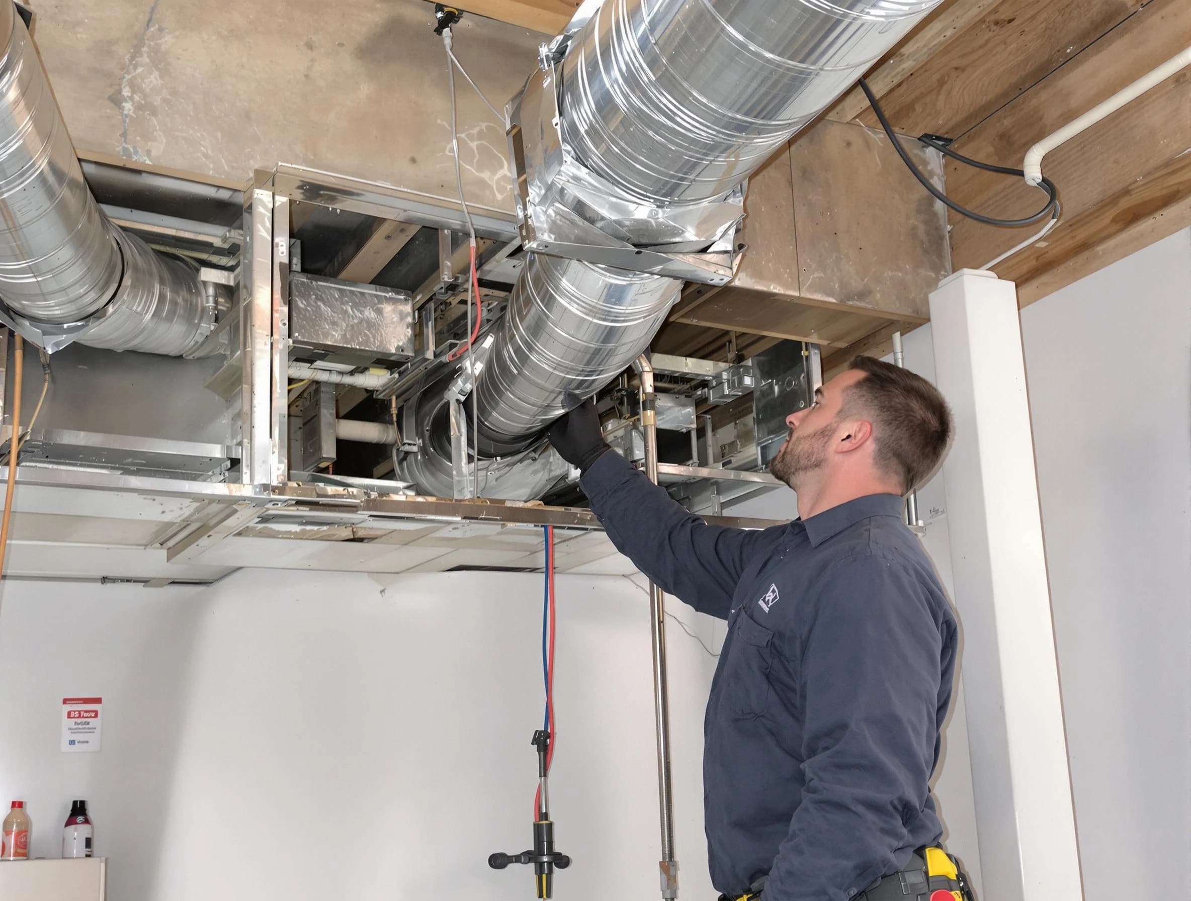 Hendersonville Air Duct Cleaning technician performing professional air duct repair using specialized tools in Hendersonville